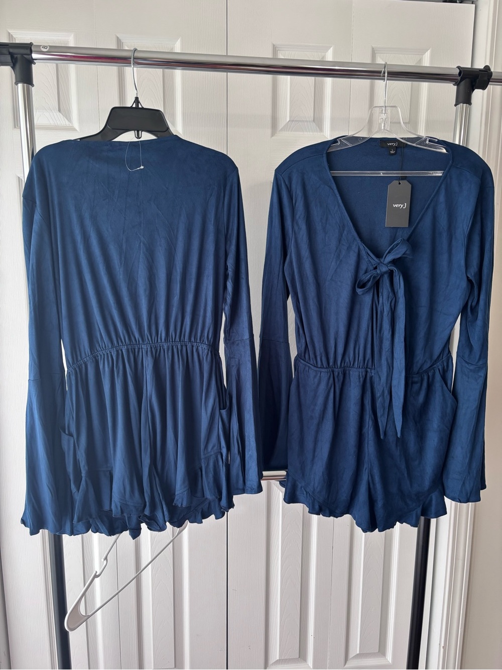 Very J Deep Navy Tie-Front Long Sleeve Romper Dress